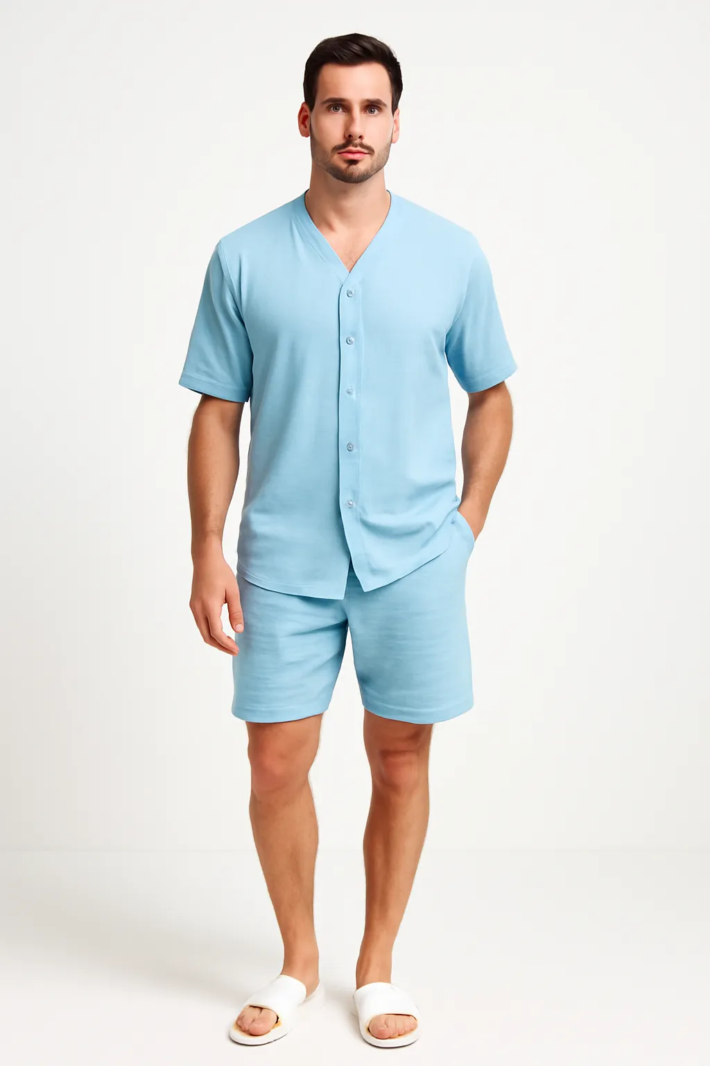 Mens Two-Piece Set  Cotton Relaxed Fit V-Neck Shirt and Elastic Waist Shorts