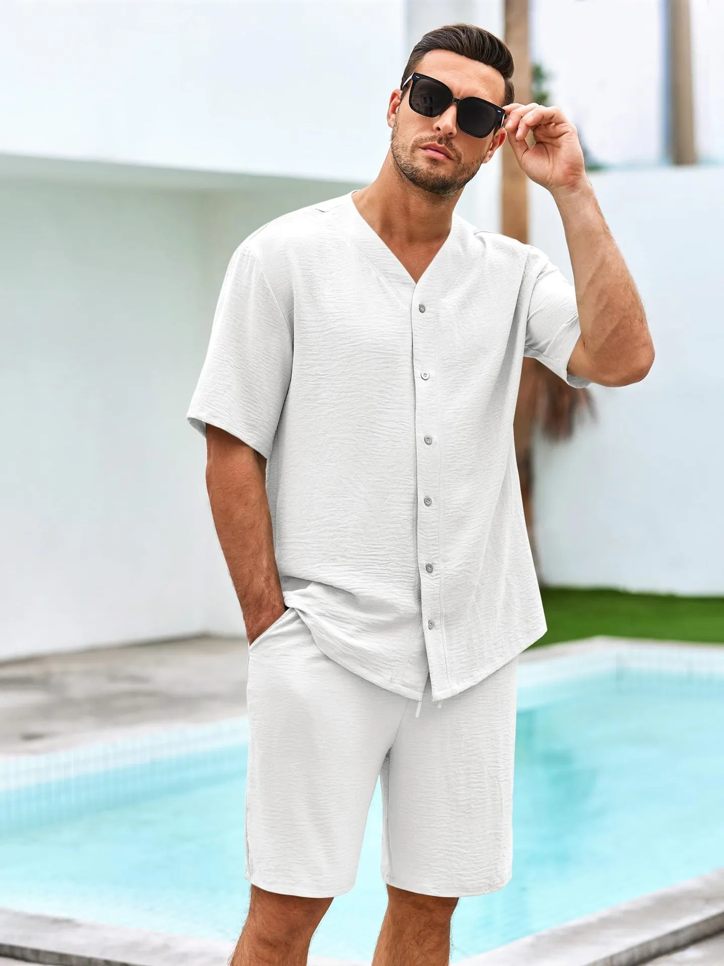 Mens Two-Piece Set  Cotton Relaxed Fit V-Neck Shirt and Elastic Waist Shorts
