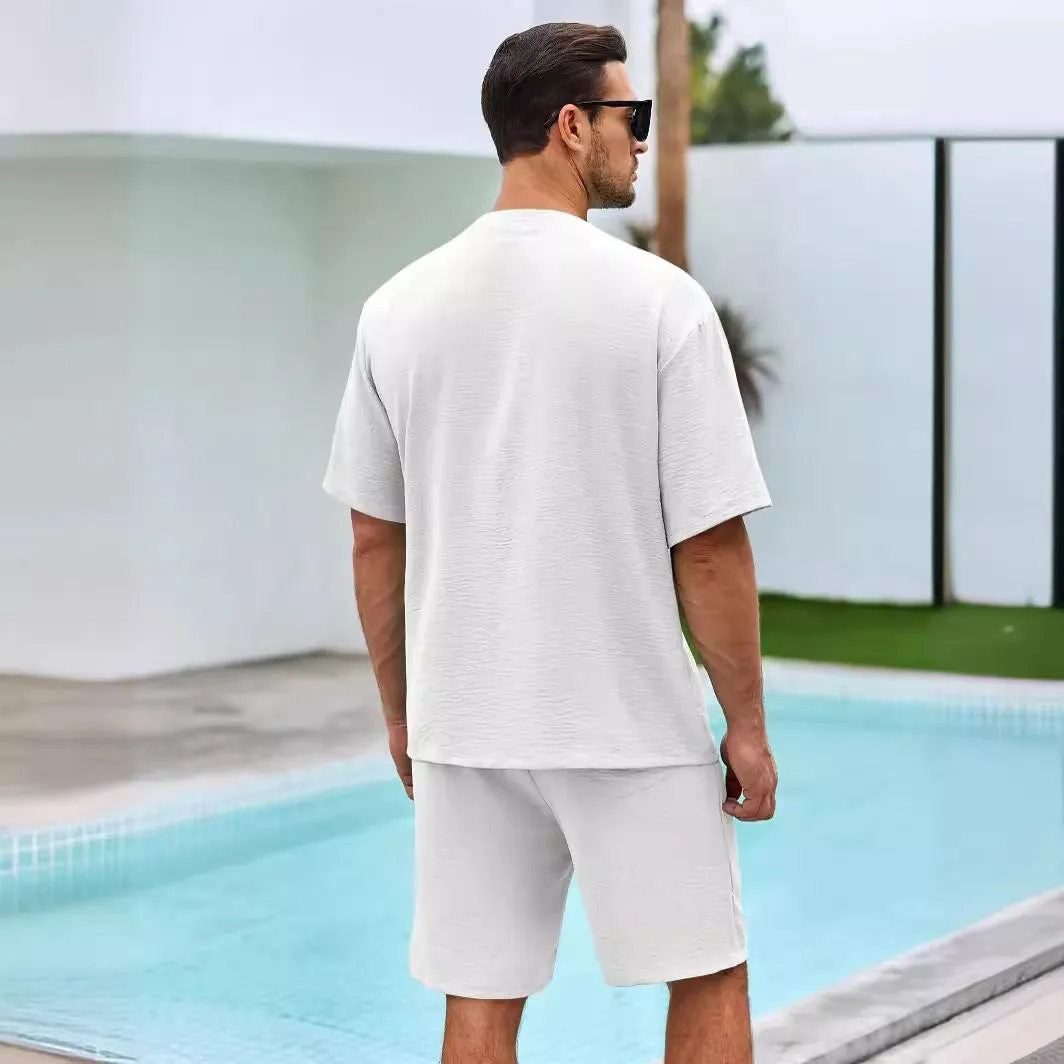 Mens Two-Piece Set  Cotton Relaxed Fit V-Neck Shirt and Elastic Waist Shorts