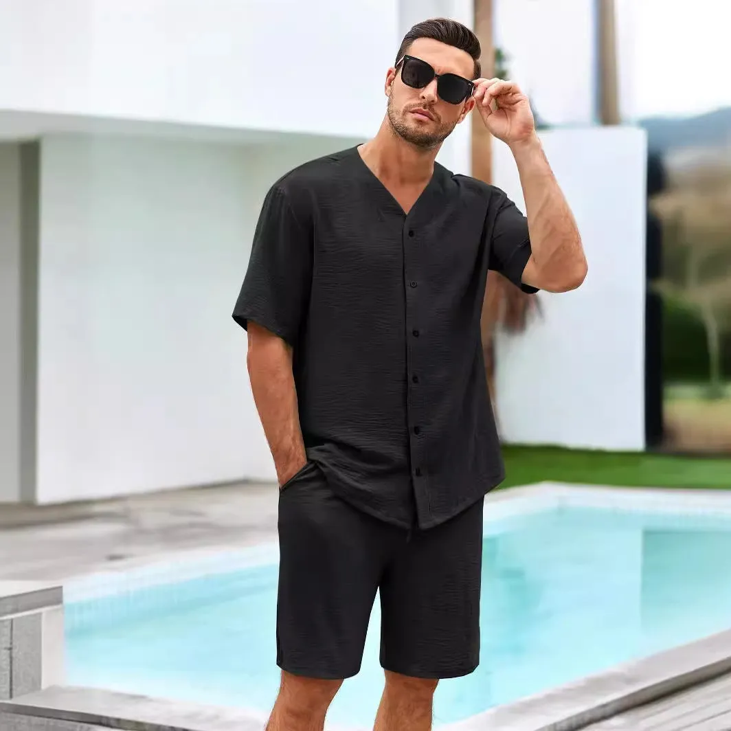 Mens Two-Piece Set  Cotton Relaxed Fit V-Neck Shirt and Elastic Waist Shorts