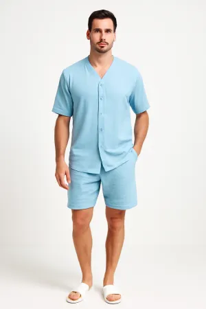Mens Two-Piece Set  Cotton Relaxed Fit V-Neck Shirt and Elastic Waist Shorts