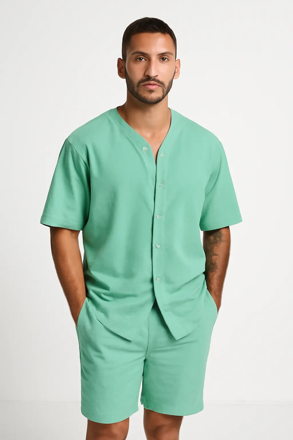 Mens Two-Piece Set  Cotton Relaxed Fit V-Neck Shirt and Elastic Waist Shorts