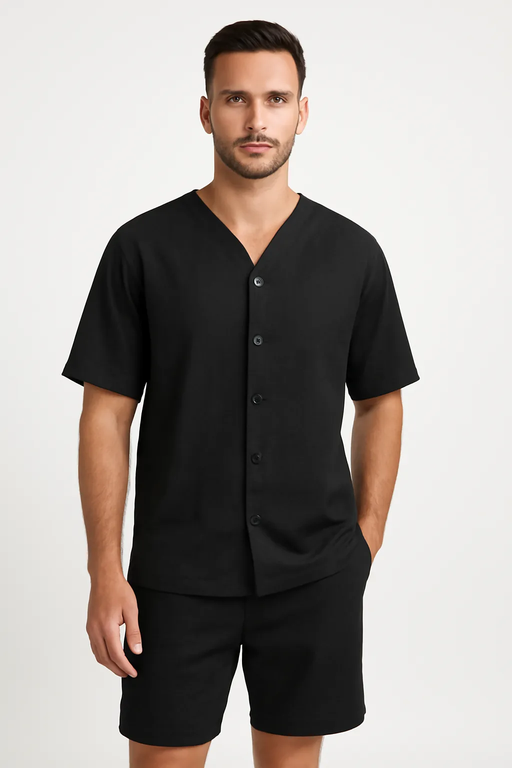 Mens Two-Piece Set  Cotton Relaxed Fit V-Neck Shirt and Elastic Waist Shorts