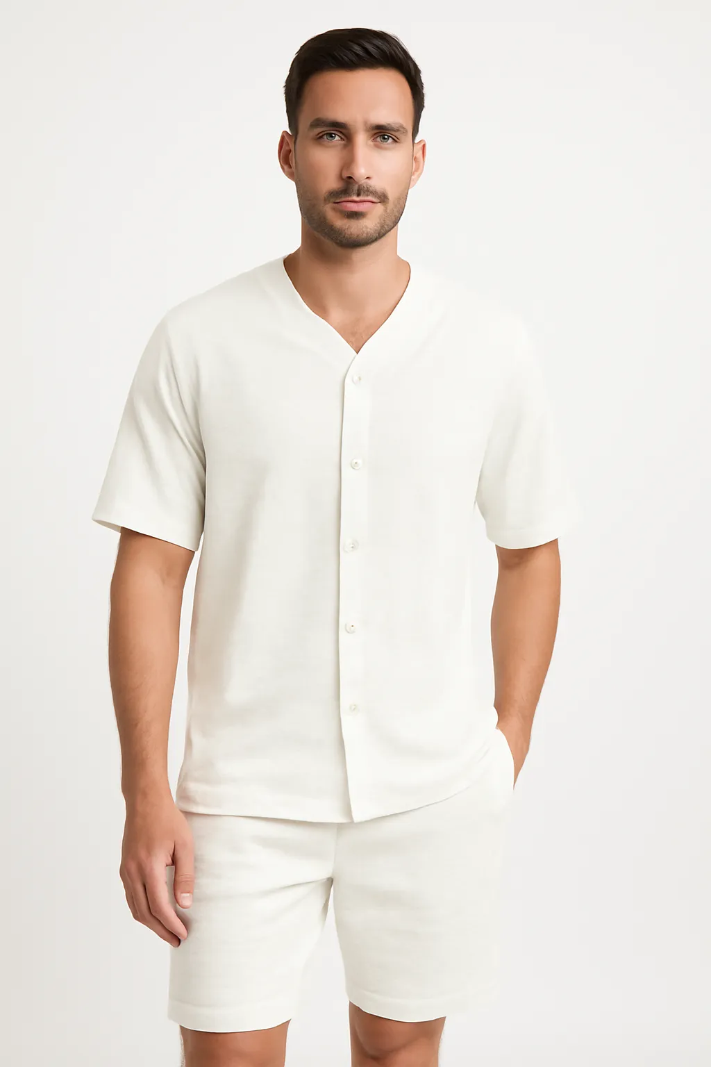 Mens Two-Piece Set  Cotton Relaxed Fit V-Neck Shirt and Elastic Waist Shorts