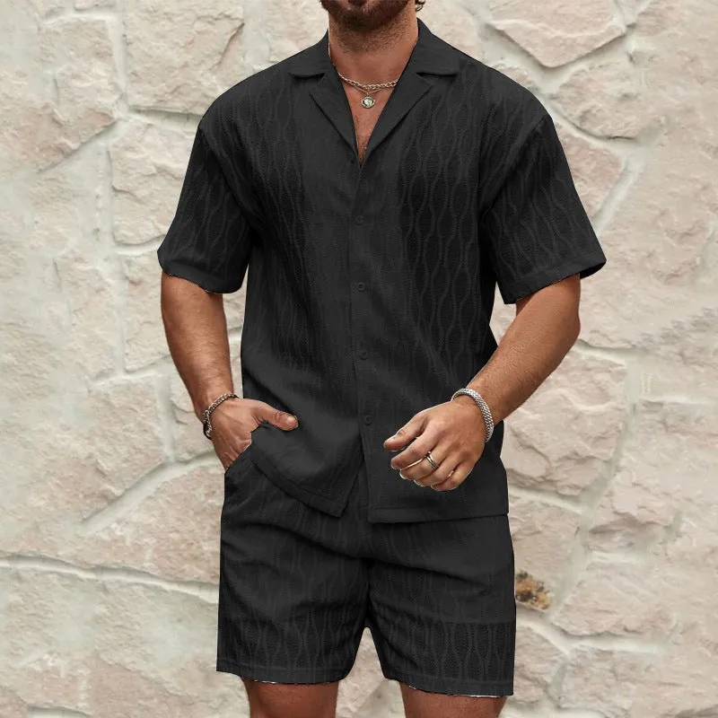 Mens Two-Piece Set  Lightweight Cotton  Relaxed Fit  Button-Up Shirt and Shorts