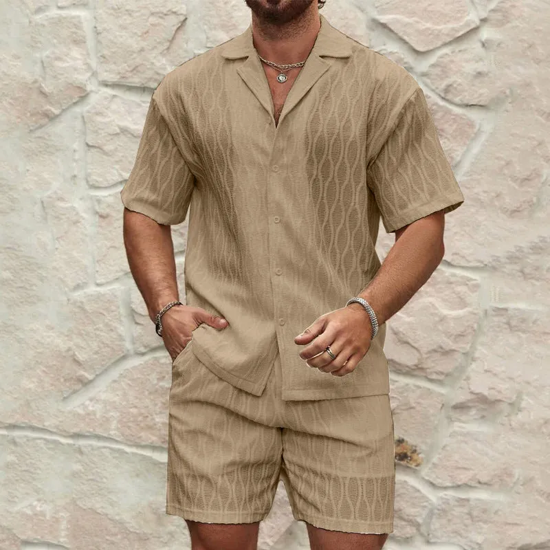 Mens Two-Piece Set  Lightweight Cotton  Relaxed Fit  Button-Up Shirt and Shorts
