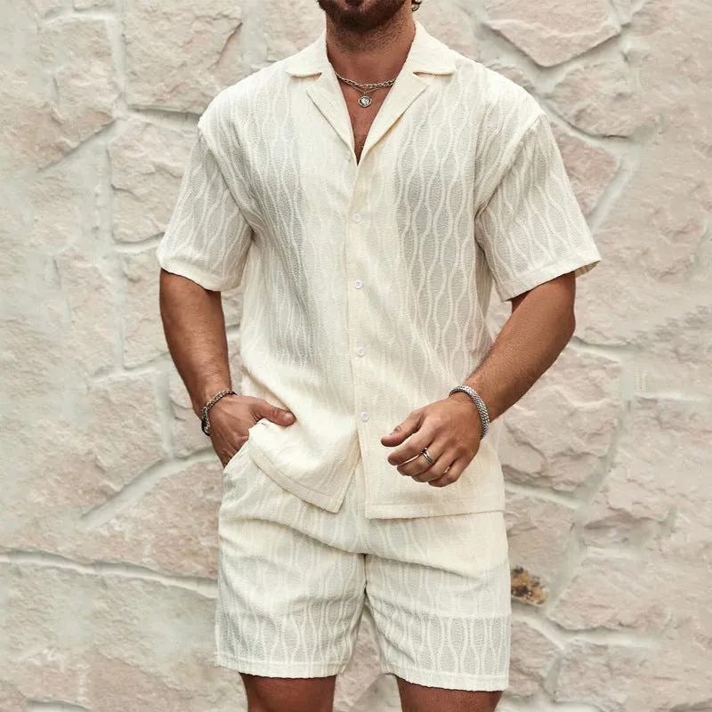 Mens Two-Piece Set  Lightweight Cotton  Relaxed Fit  Button-Up Shirt and Shorts