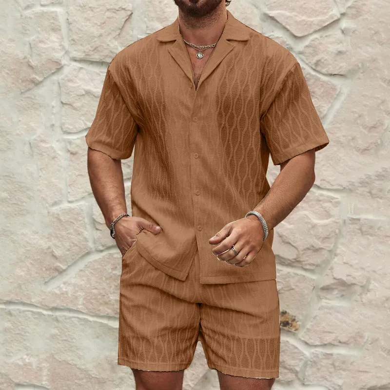 Mens Two-Piece Set  Lightweight Cotton  Relaxed Fit  Button-Up Shirt and Shorts
