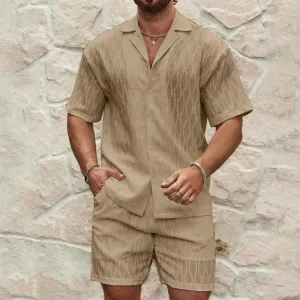 Mens Two-Piece Set  Lightweight Cotton  Relaxed Fit  Button-Up Shirt and Shorts