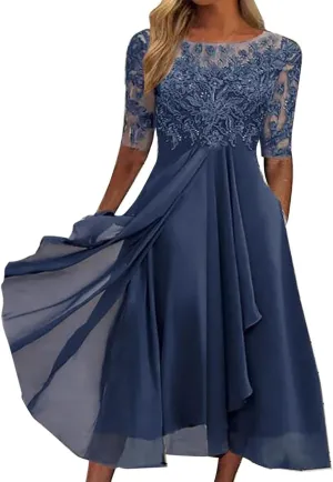Mother of The Bride Dresses for Women Bohemian Embroidered Lace Crewneck Half Sleeve Chiffon Midi Dress Classy 80S Outfit