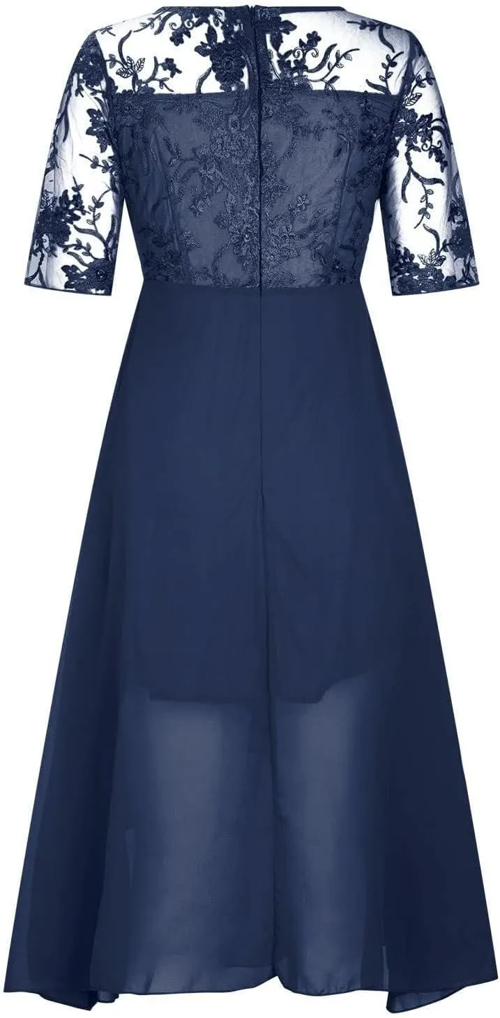 Mother of The Bride Dresses for Women Bohemian Embroidered Lace Crewneck Half Sleeve Chiffon Midi Dress Classy 80S Outfit