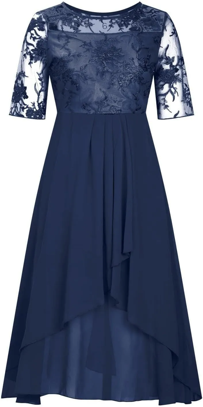 Mother of The Bride Dresses for Women Bohemian Embroidered Lace Crewneck Half Sleeve Chiffon Midi Dress Classy 80S Outfit