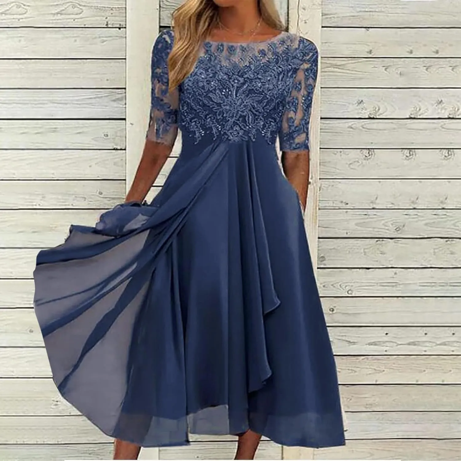 Mother of The Bride Dresses for Women Bohemian Embroidered Lace Crewneck Half Sleeve Chiffon Midi Dress Classy 80S Outfit