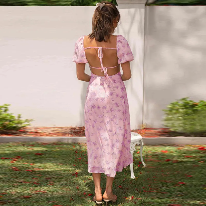 New Backless Sexy Girl Spring Bubble Sleeve Floral Dress