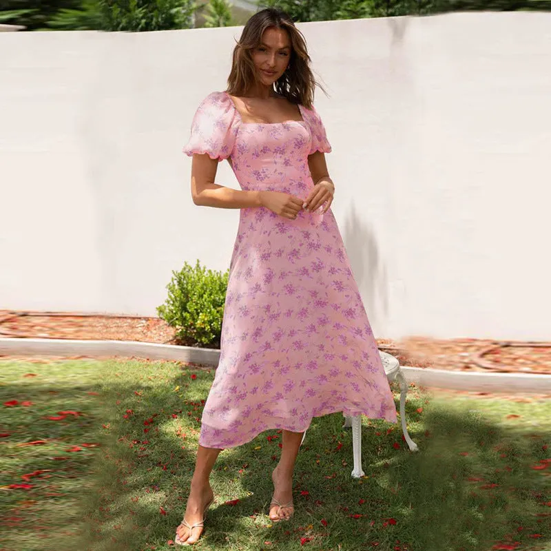 New Backless Sexy Girl Spring Bubble Sleeve Floral Dress