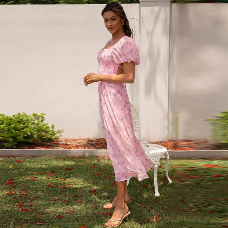 New Backless Sexy Girl Spring Bubble Sleeve Floral Dress