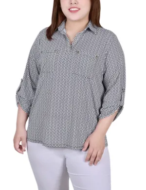 Night Particle 3/4 Roll Tab Sleeve Studded Y Neck Top - Plus