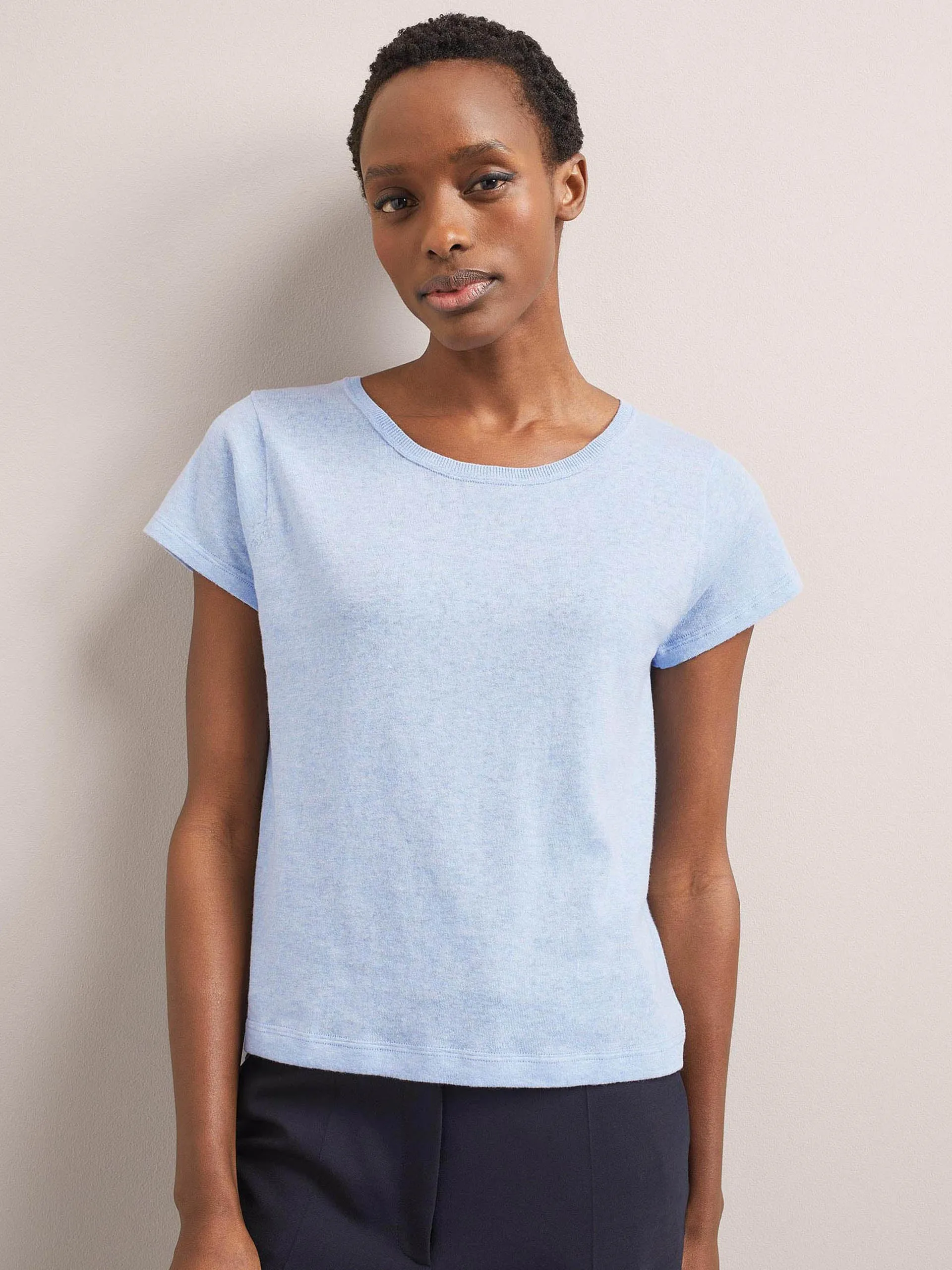 Pale blue Madison linen blend round neck knit t-shirt