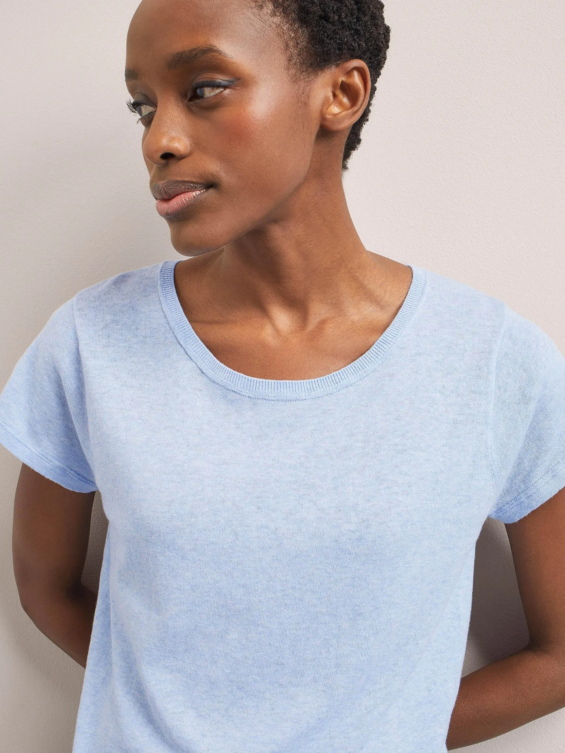 Pale blue Madison linen blend round neck knit t-shirt