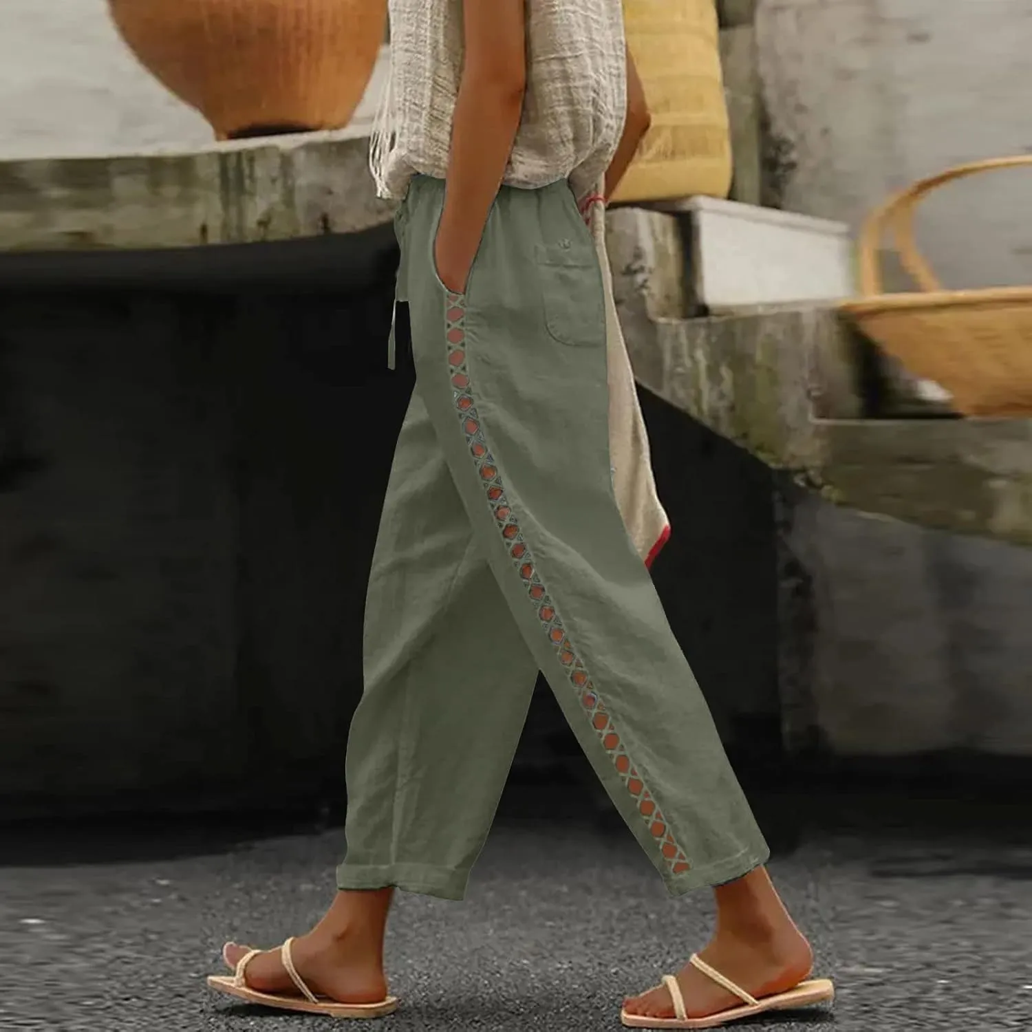 Pants for Women, Stripe Linen Straight Leg Peasant Pants Casual Trendy 2025