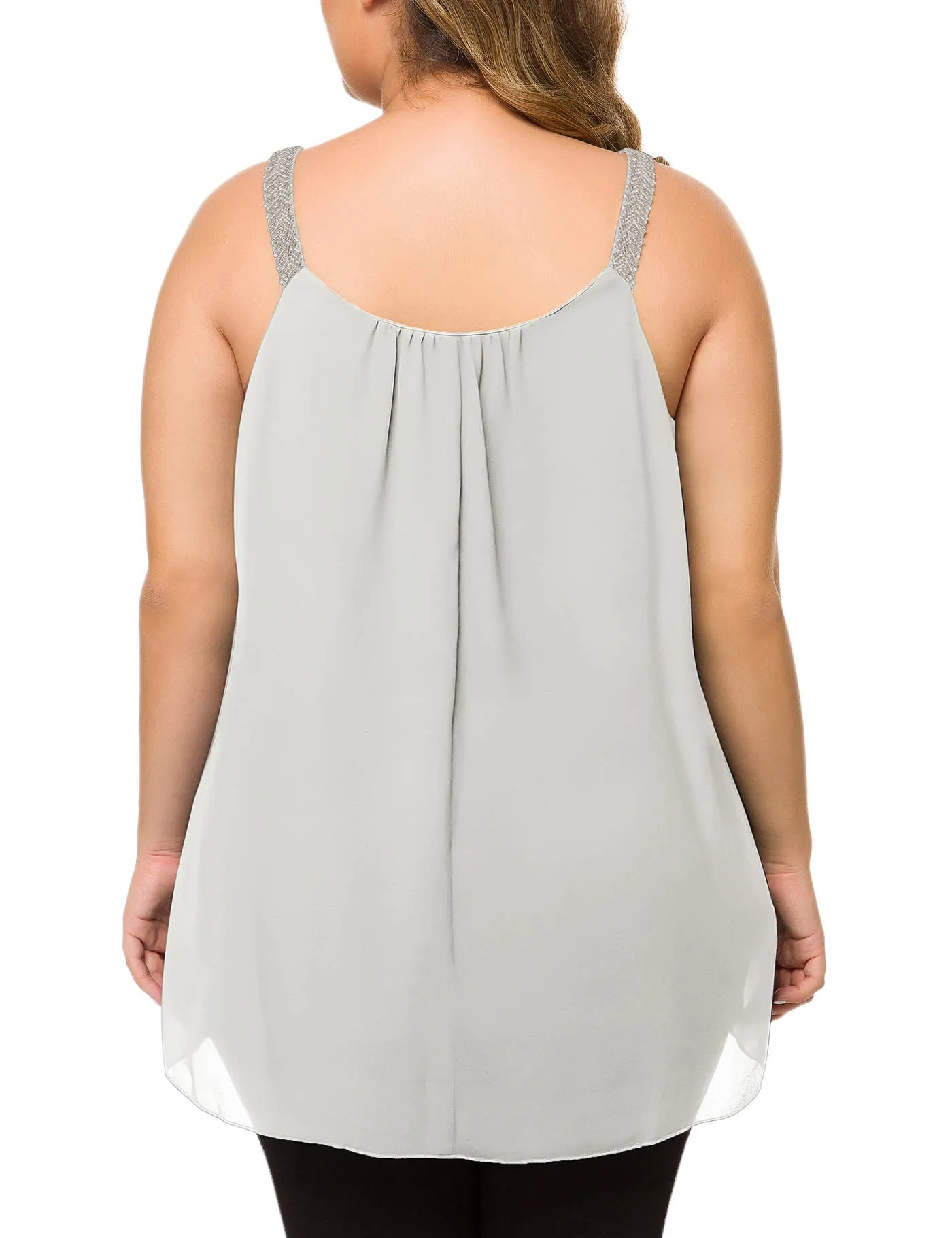 Plus Size Cami Pleated Chiffon Tank Top with Beaded Strap