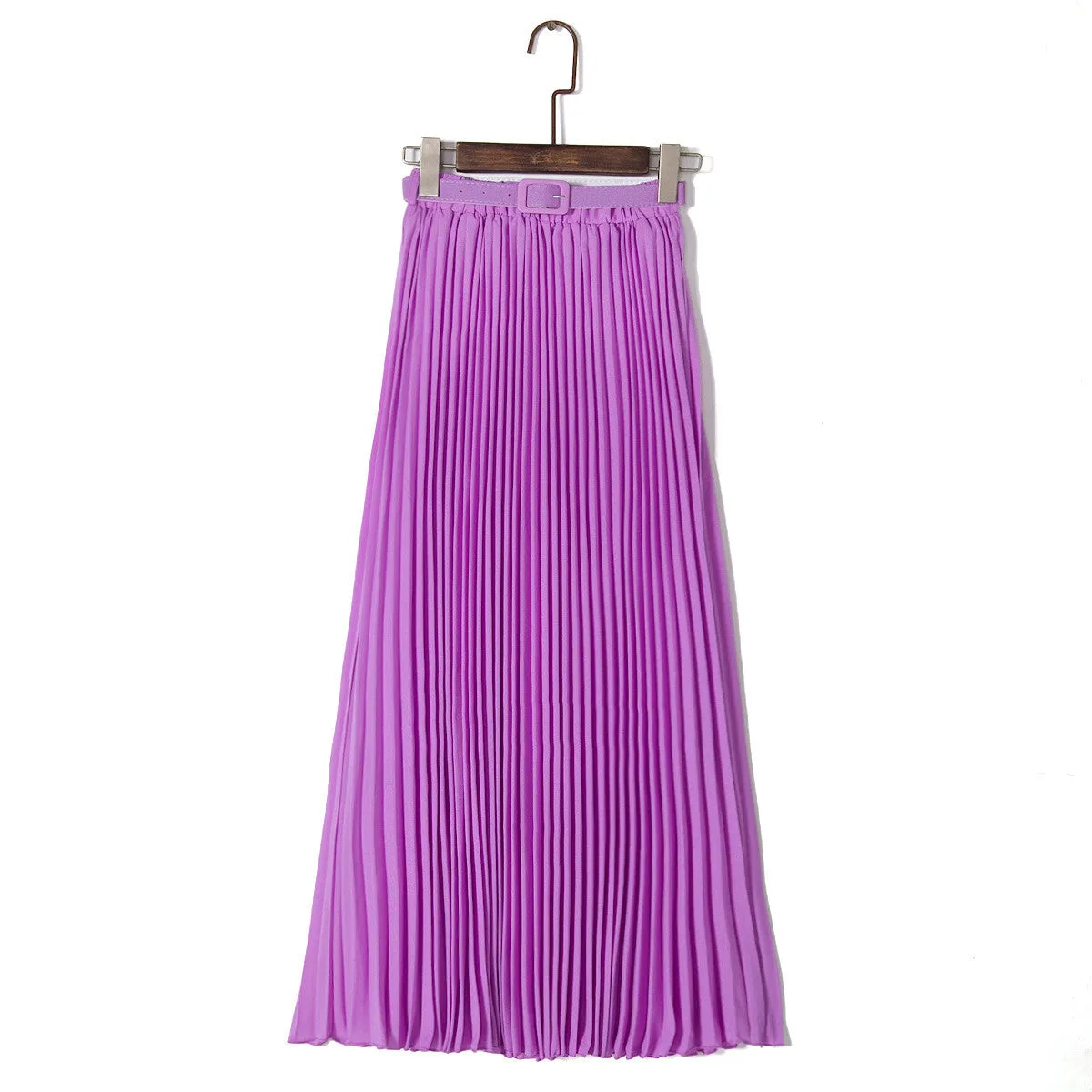 Pure Color Chiffon Pleated Big Long Skirt