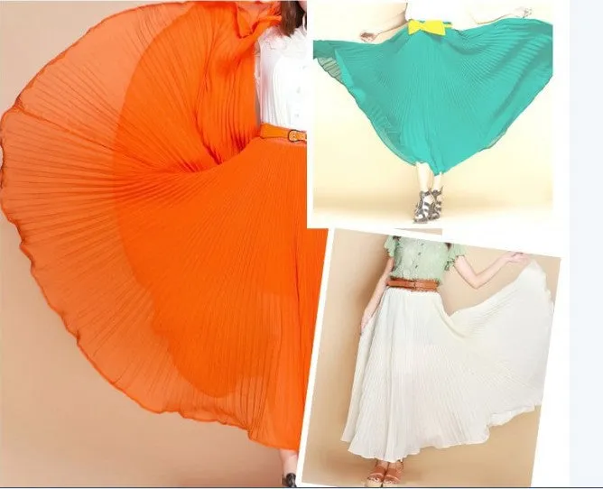 Pure Color Chiffon Pleated Big Long Skirt