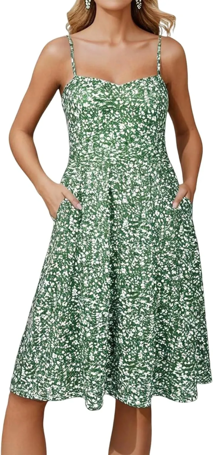 Sexy Summer Dresses for Women 2025 Spaghetti Strap Sleeveless Boho Floral Dress with Pockets Flowy A Line Midi Dress