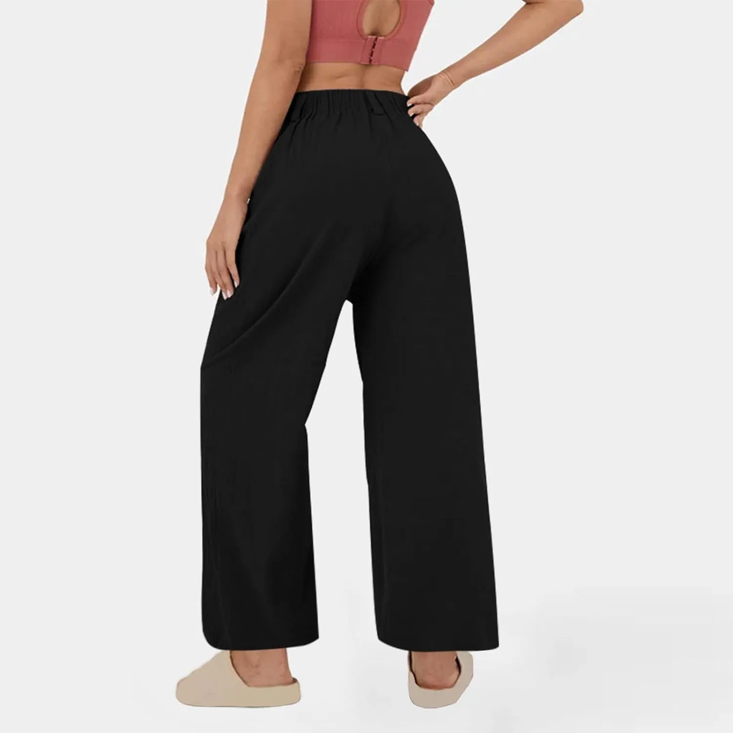 Summer Cotton Linen Pants Women Elastic Waist Straight Wide Leg Beach Trousers Cozy Lightweight Resort Pant Plus Size