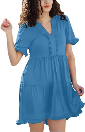 Summer Dresses for Women 2025 Babydoll Cute Ruffle Short Sleeve V-Neck Flowy Swing Mini Dress Casual A-Line Sundress