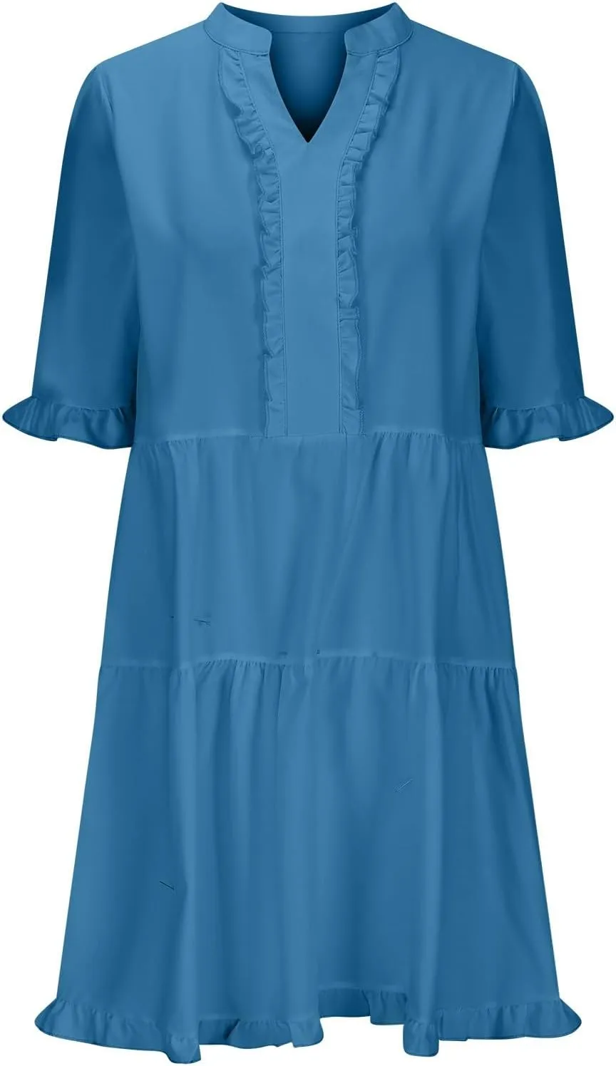 Summer Dresses for Women 2025 Babydoll Cute Ruffle Short Sleeve V-Neck Flowy Swing Mini Dress Casual A-Line Sundress