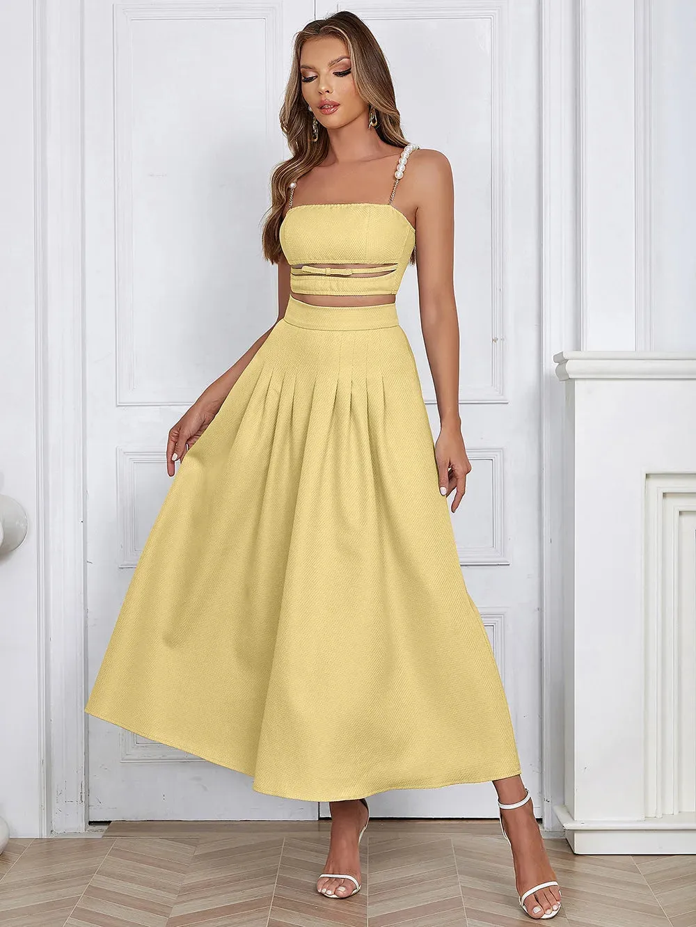 Trend4us Elegant Pearl Strap Cut-Out Two-Piece Set