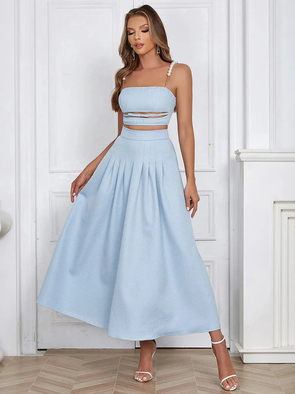 Trend4us Elegant Pearl Strap Cut-Out Two-Piece Set