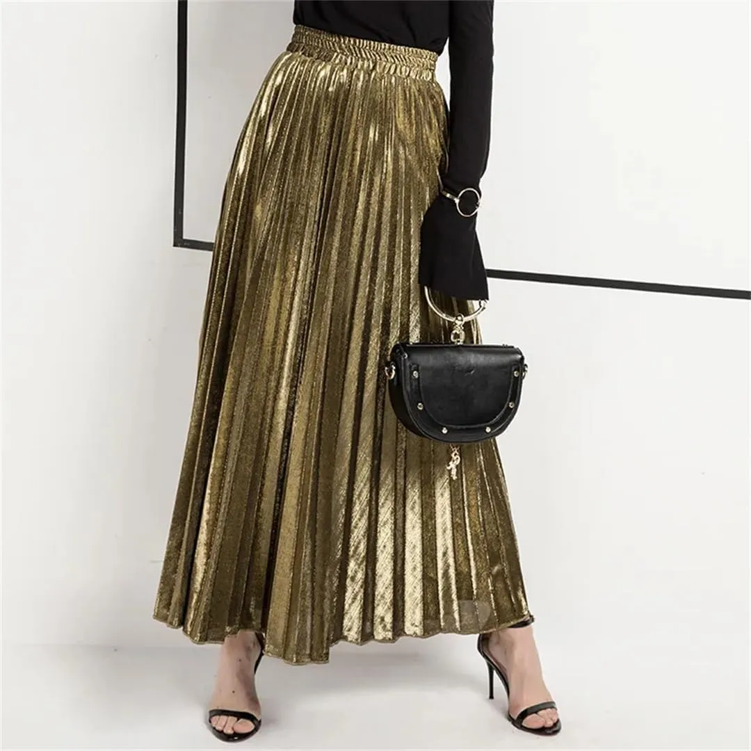 Women Check Pleated Maxi Skirt High Waist Harajuku Large Swing Gold Long Skirts