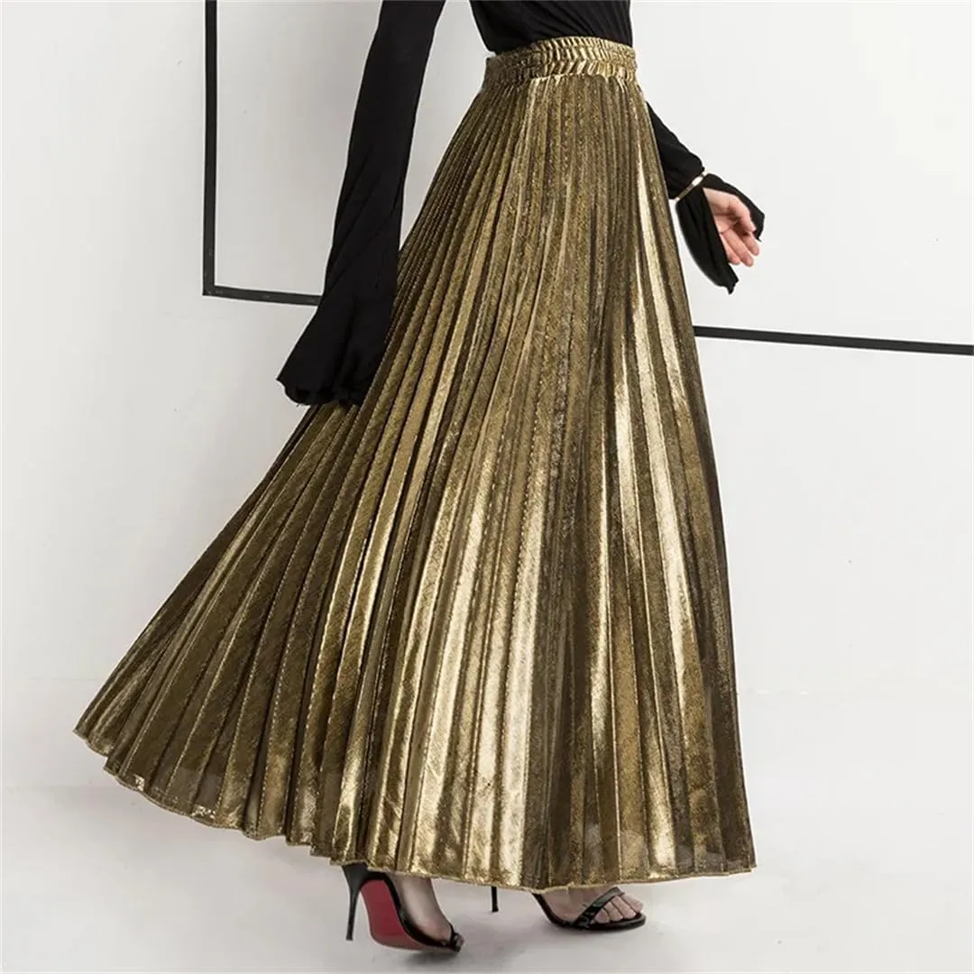 Women Check Pleated Maxi Skirt High Waist Harajuku Large Swing Gold Long Skirts