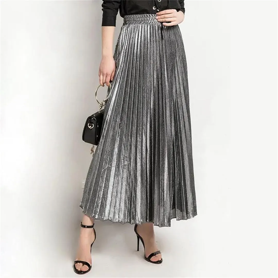 Women Check Pleated Maxi Skirt High Waist Harajuku Large Swing Gold Long Skirts