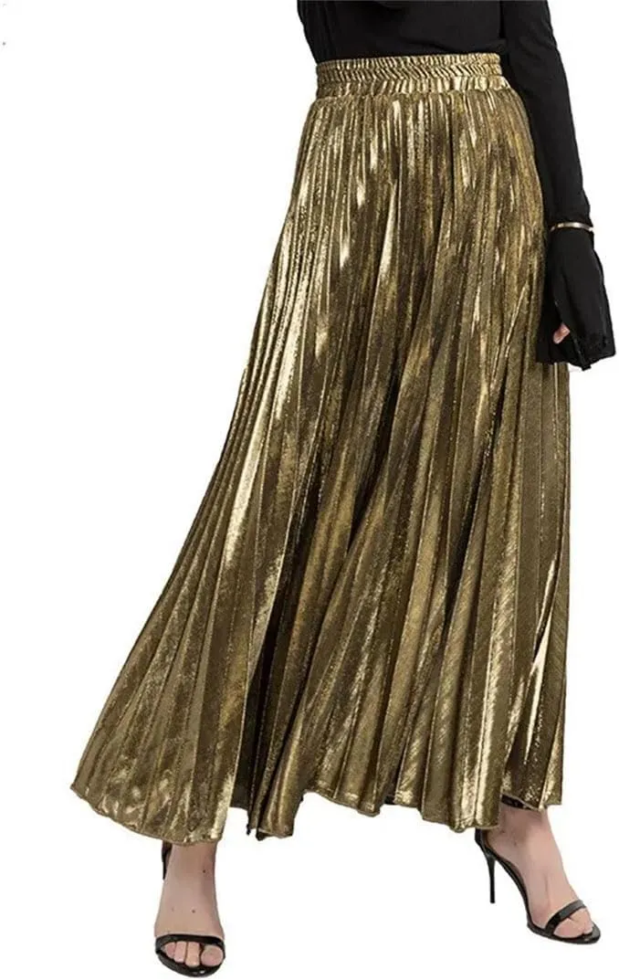 Women Check Pleated Maxi Skirt High Waist Harajuku Large Swing Gold Long Skirts