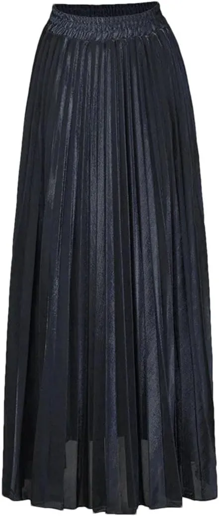 Women Check Pleated Maxi Skirt High Waist Harajuku Large Swing Gold Long Skirts