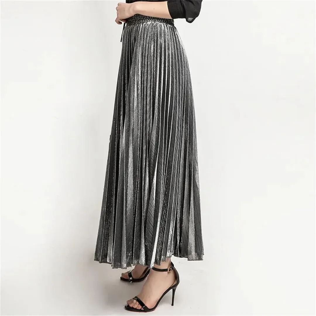 Women Check Pleated Maxi Skirt High Waist Harajuku Large Swing Gold Long Skirts