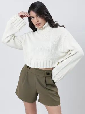 Women Relaxed Fit High Neck Cream Ribbed Sweater