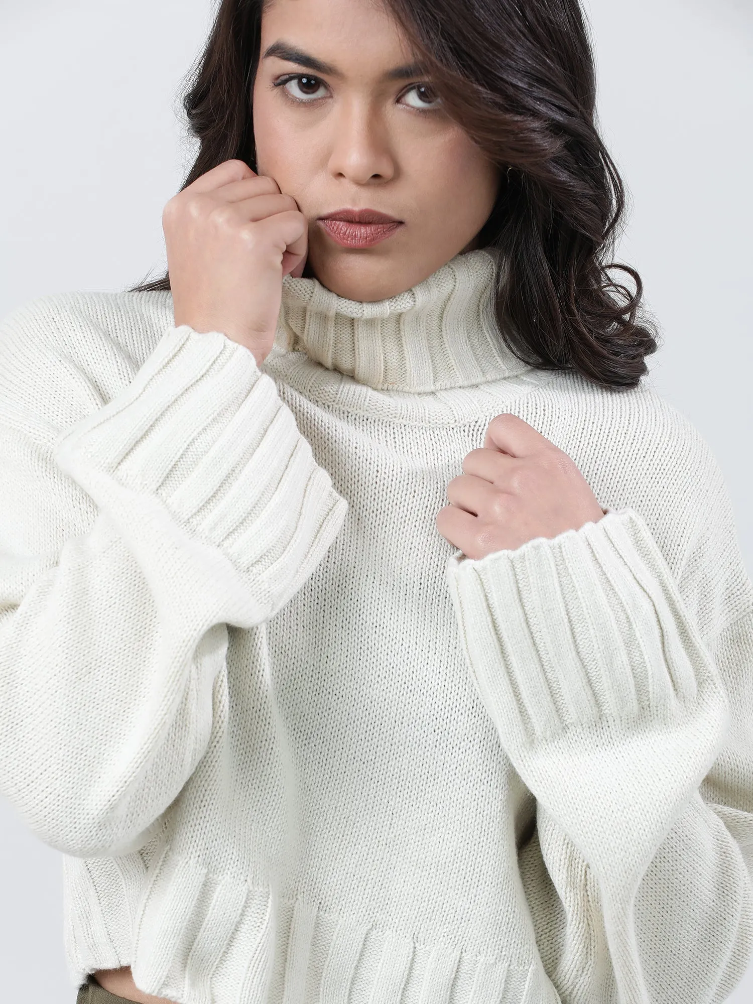Women Relaxed Fit High Neck Cream Ribbed Sweater