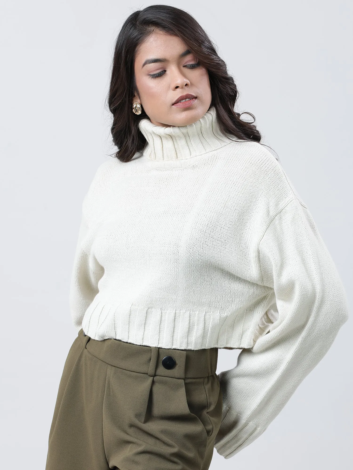 Women Relaxed Fit High Neck Cream Ribbed Sweater