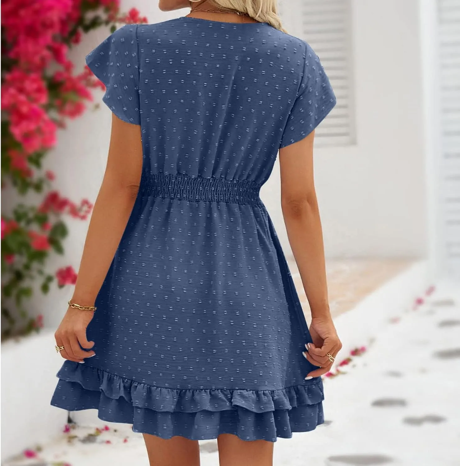Womens Casual Summer Mini Dress V Neck Short Sleeve Swiss Dot Ruffle Dresses Flowy Swing Vacation Beach Sundress