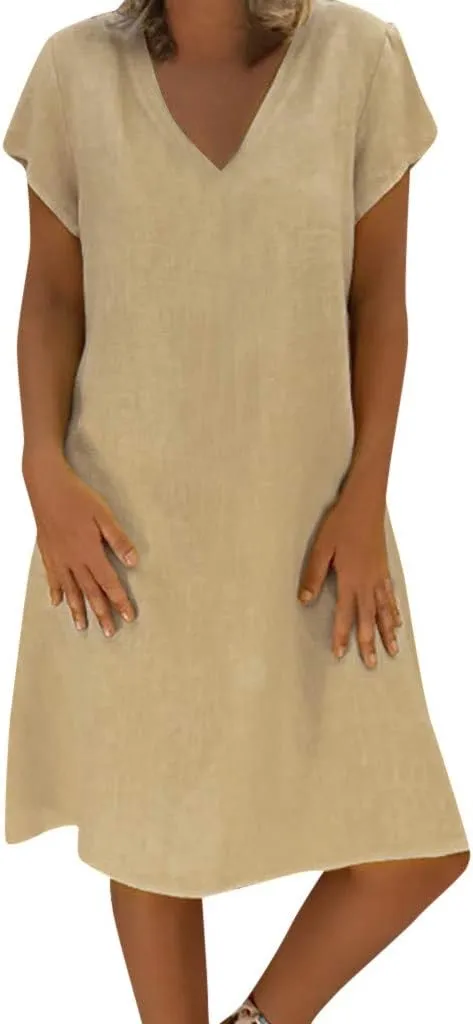 Women's Cotton Linen Midi Dresses V Neck Short Sleeve Plus Size Summer Dress Casual Beach Sundress Vacation Clothes 2025
