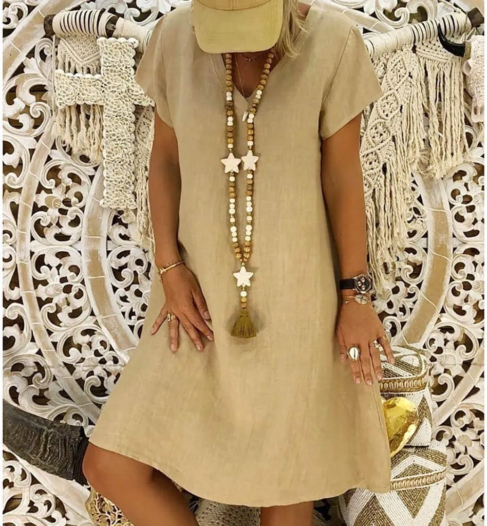 Women's Cotton Linen Midi Dresses V Neck Short Sleeve Plus Size Summer Dress Casual Beach Sundress Vacation Clothes 2025