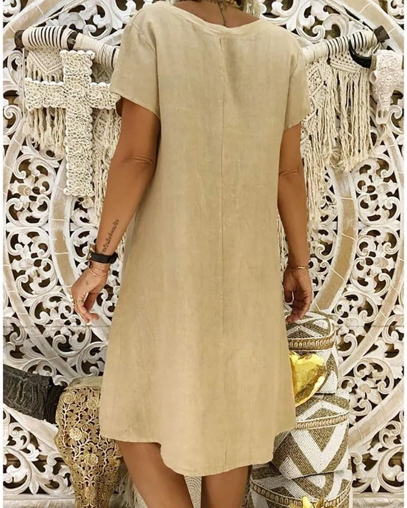 Women's Cotton Linen Midi Dresses V Neck Short Sleeve Plus Size Summer Dress Casual Beach Sundress Vacation Clothes 2025