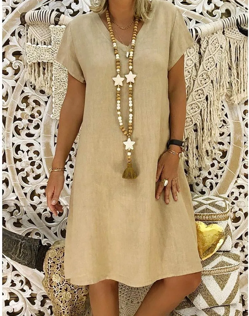 Women's Cotton Linen Midi Dresses V Neck Short Sleeve Plus Size Summer Dress Casual Beach Sundress Vacation Clothes 2025