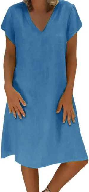 Women's Cotton Linen Midi Dresses V Neck Short Sleeve Plus Size Summer Dress Casual Beach Sundress Vacation Clothes 2025