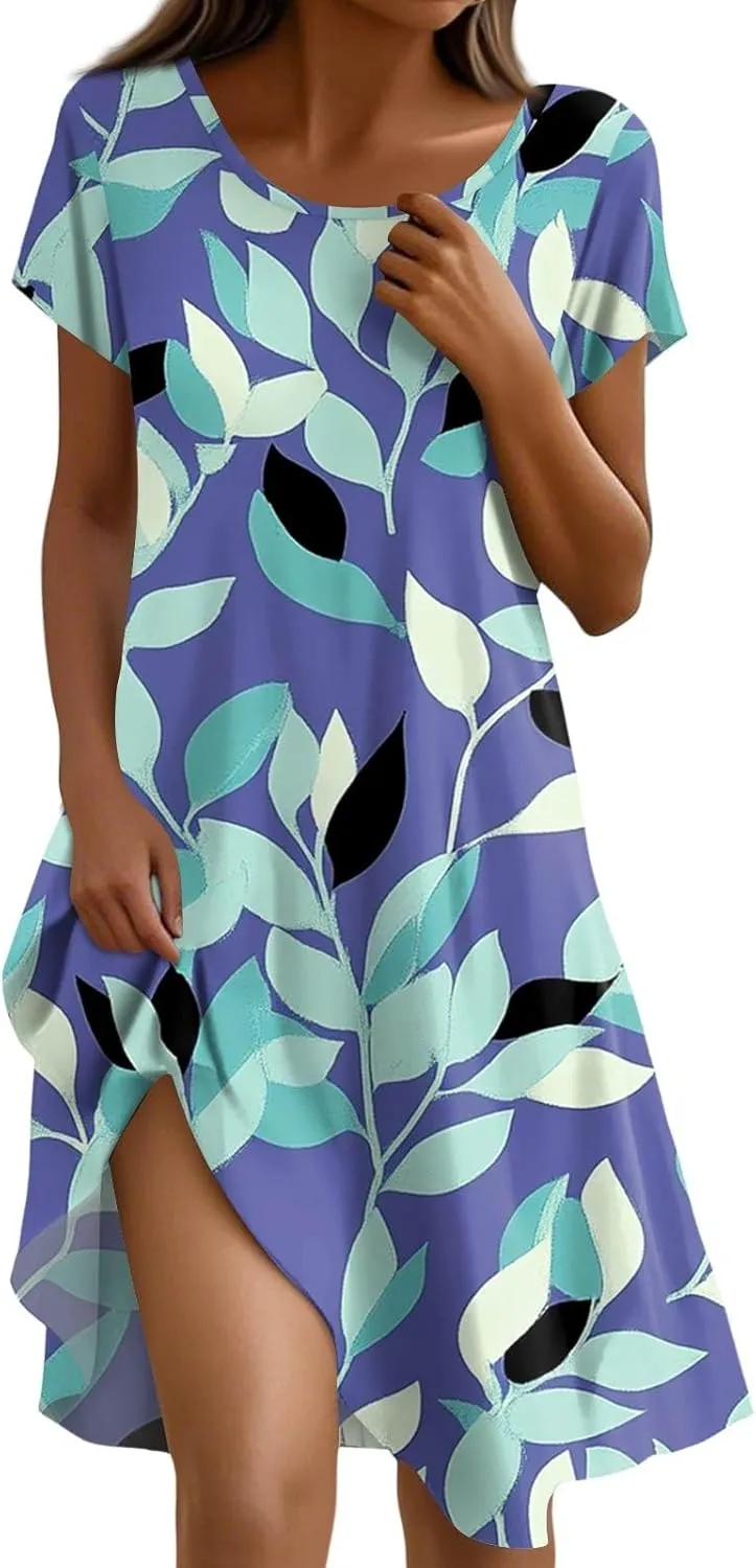 Women's Crew Neck Dresses Casual Sundress Beach Summer Short Sleeve Floral Knee Length A-Line with Pockets