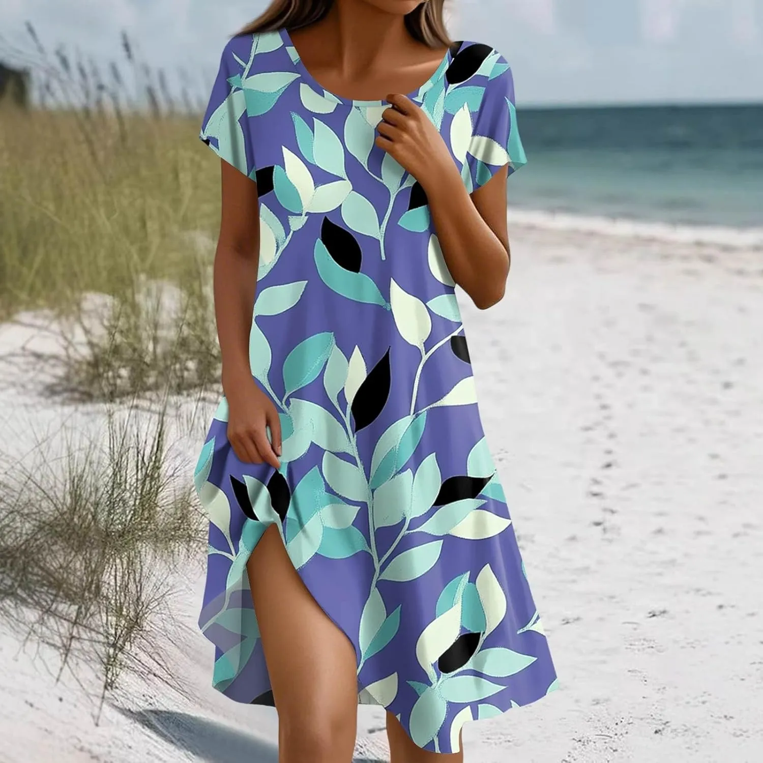 Women's Crew Neck Dresses Casual Sundress Beach Summer Short Sleeve Floral Knee Length A-Line with Pockets